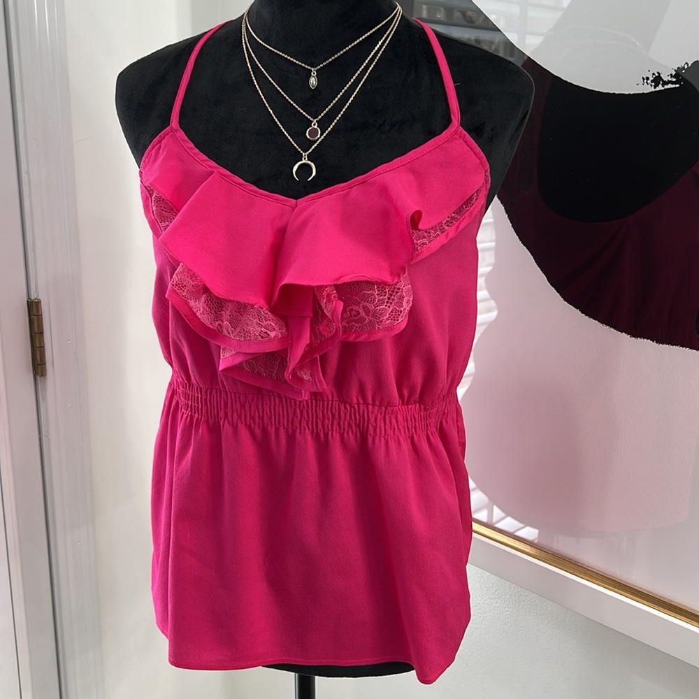 Entro Hot Pink Spaghetti Strap Racer-Back Ruffle-Front Top, Size S - Picture 2 of 10
